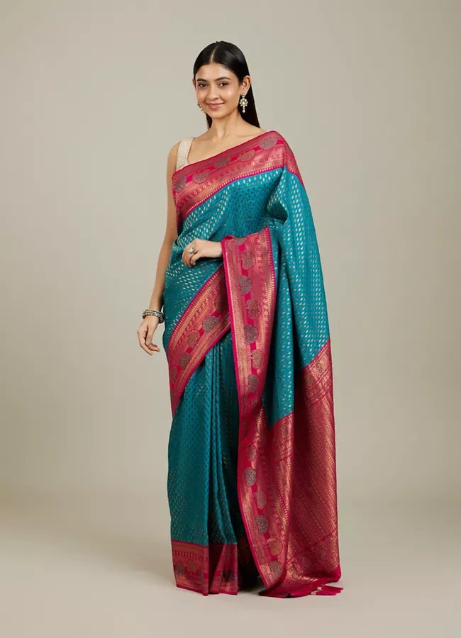 Rama Green Buta Patterned Saree with Floral Leaf Border