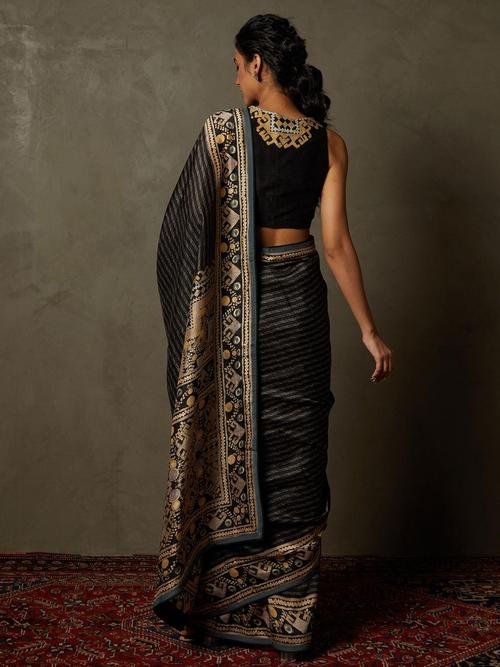Black & Beige Noni Saree With Stitched Blouse - Image 3